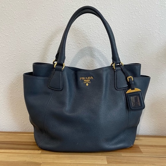 Prada Vitello Daino Pebble Leather Side Pocket Tote Handbag Bag Blue GORGEOUS! - Picture 1 of 15